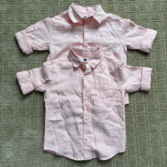 Janie and Jack Set of 2 Linen Button Down Boys Shirts 3 & 4 Toddler Peach Summer - Picture 1 of 8